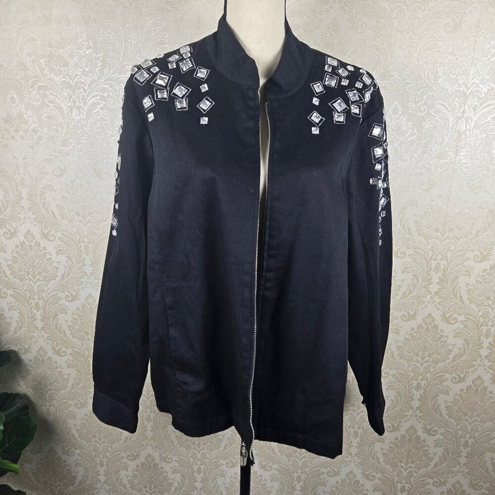 Bob Mackie Size XL Wearable Art Black Zip Front Jacket Clear Crystal Accents